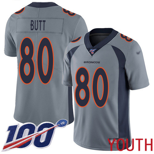 Youth Denver Broncos #80 Jake Butt Limited Silver Inverted Legend 100th Season Football NFL Jersey